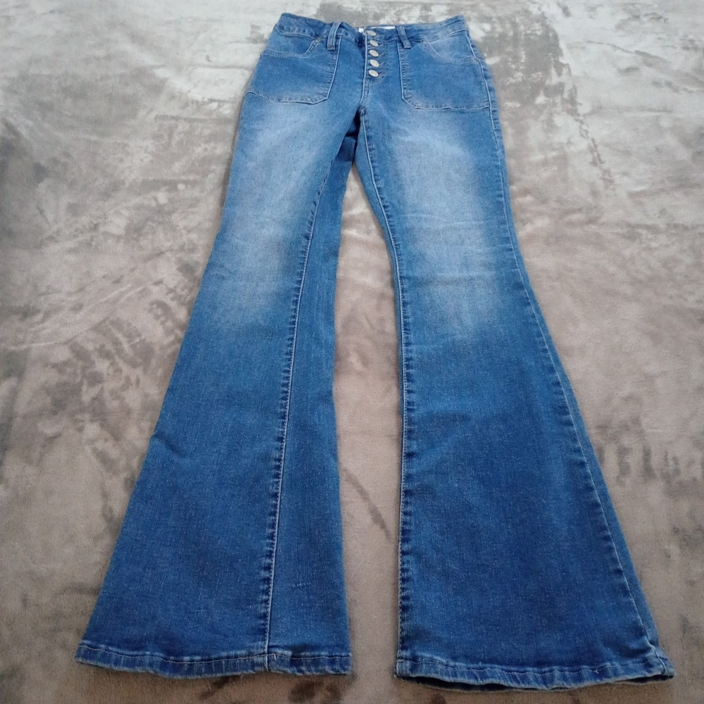 YMI High Rise Flare Denim Jeans Womens‎ Size 5 / 27 Blue Button Fly Festival - Picture 2 of 16